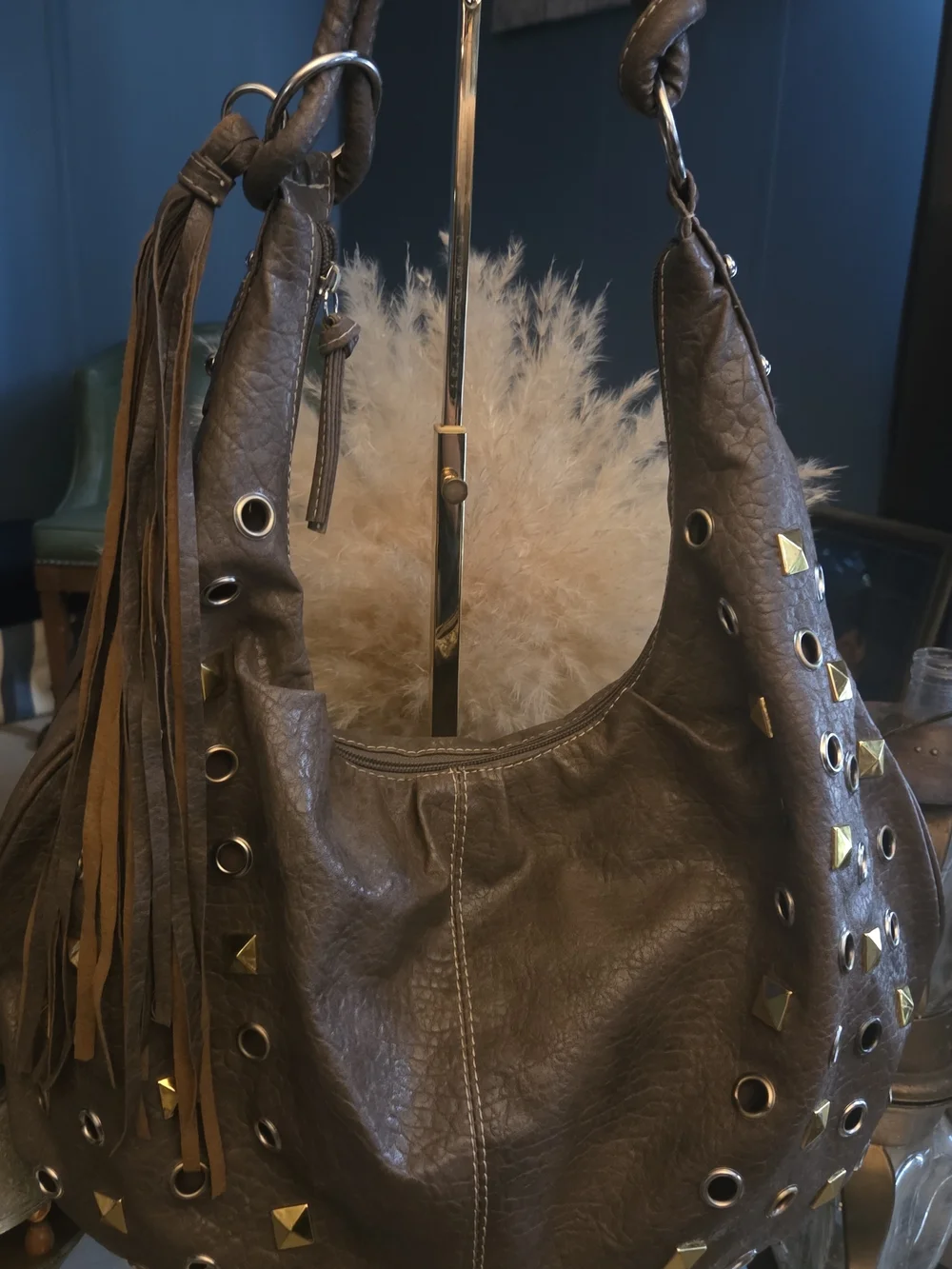 Y2K Brown Studded Grommet Fringe Hobo Bag Boho Rocker
